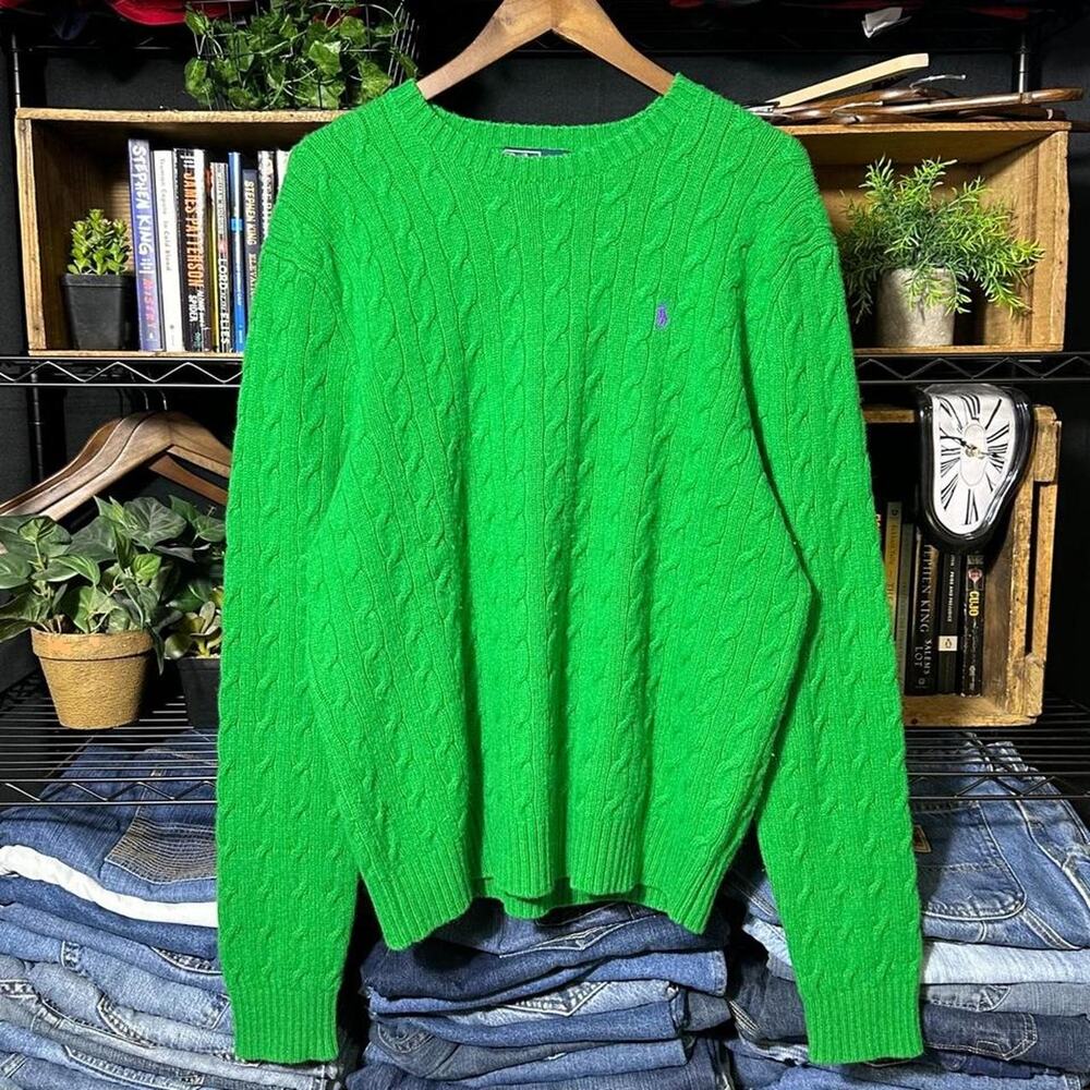 Vintage 90s Polo Ralph Lauren Cable Knit Sweater Green Merino Wool Sweatshirt XL